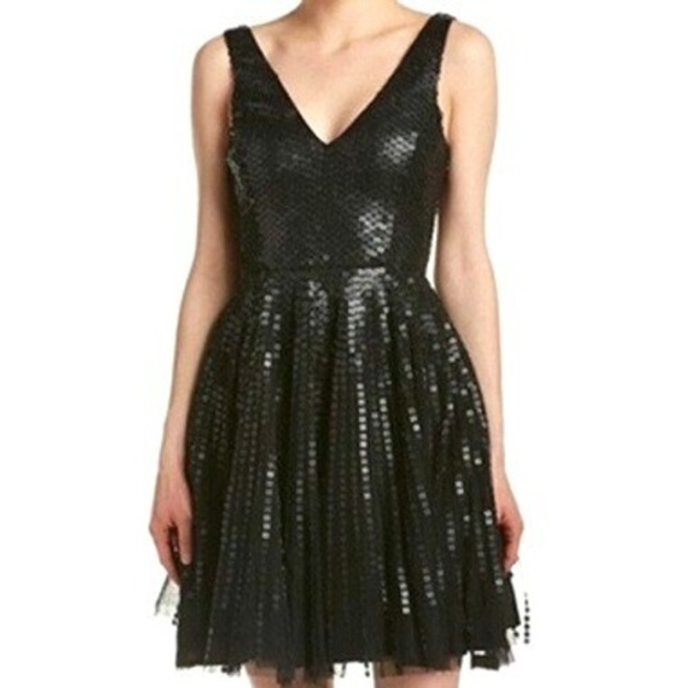 PARKER BLACK NWT Women 4 Black Sequin V-Neck Fit Flare Cocktail Party Mini Dress